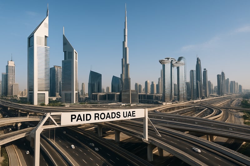 Dubai city skyline with modern road infrastructure representing Paid Roads UAE Dubai city skyline with modern road infrastructure representing Paid Roads UAE