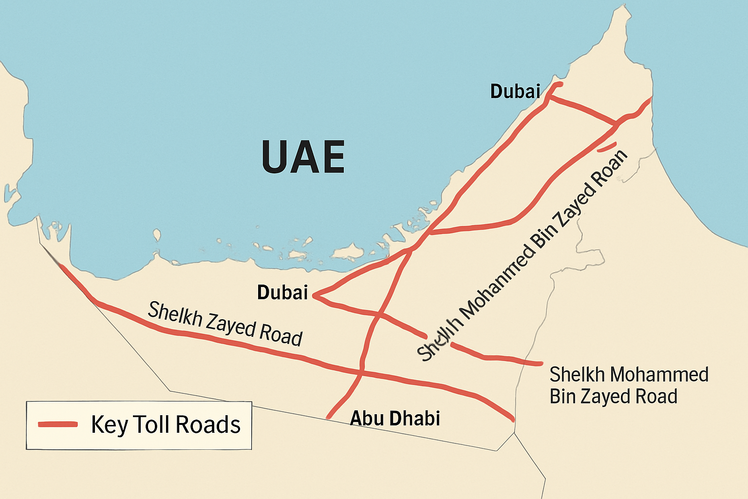 Map highlighting key toll roads in UAE